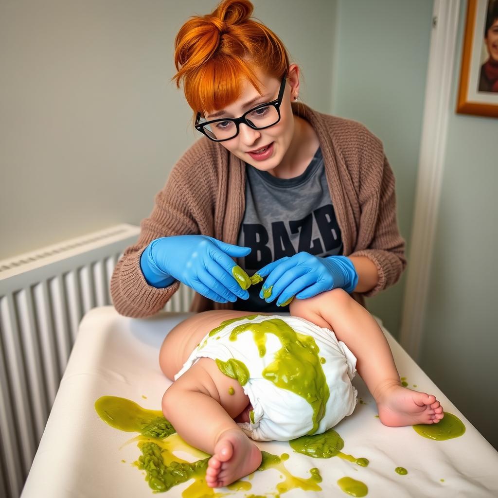 An Irish woman in her early 20s with orange hair tied in a bow, wearing stylish glasses, a cozy cardigan, and a t-shirt with a band logo on it, is changing a baby's very messy diaper on a changing table