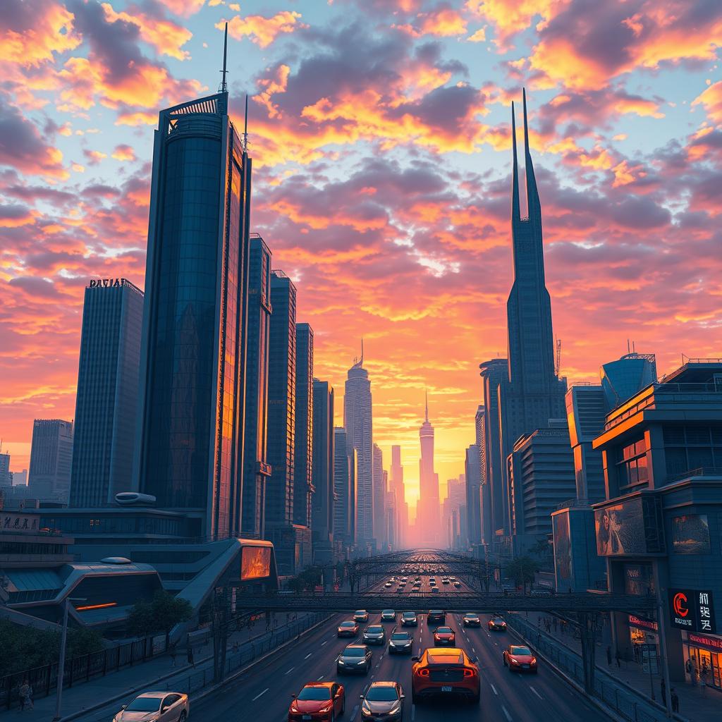 A detailed digital art scene depicting a futuristic city skyline at dusk