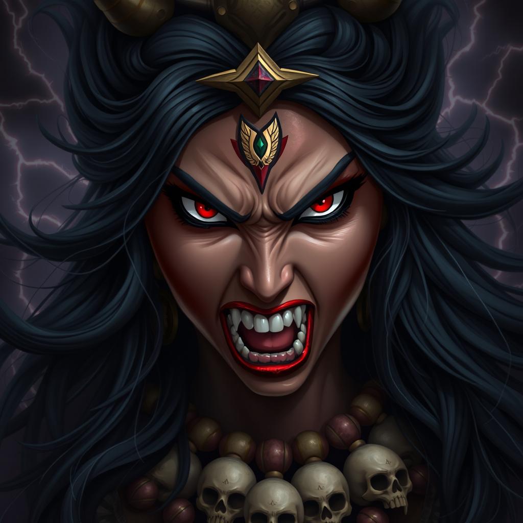 A close-up of a fierce and powerful goddess Kaali, capturing her angry expression