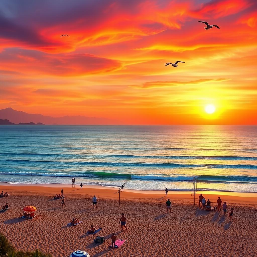 A picturesque coastal scene featuring a vibrant sunset over the ocean, with gentle waves lapping at a sandy beach