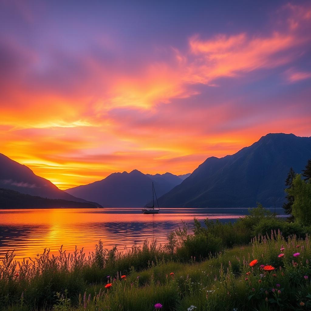 A serene landscape at sunset featuring a tranquil lake surrounded by majestic mountains