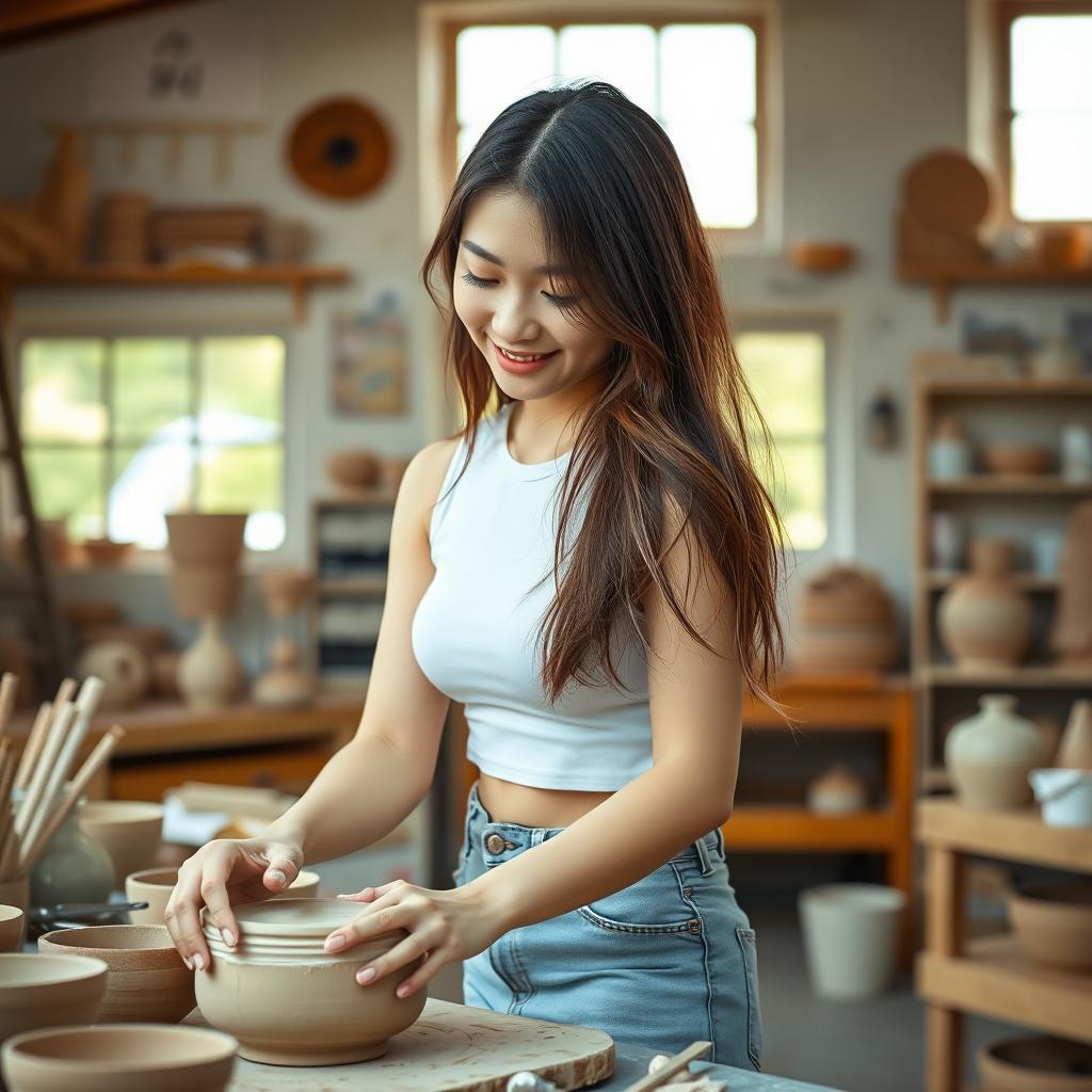 A beautiful and charming Korean woman wearing a white crop top and denim hot pants, focused on shaping pottery at a pottery studio