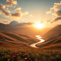 A serene landscape featuring rolling hills bathed in golden sunlight during the early morning