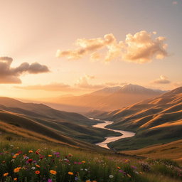 A serene landscape featuring rolling hills bathed in golden sunlight during the early morning