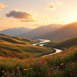 A serene landscape featuring rolling hills bathed in golden sunlight during the early morning