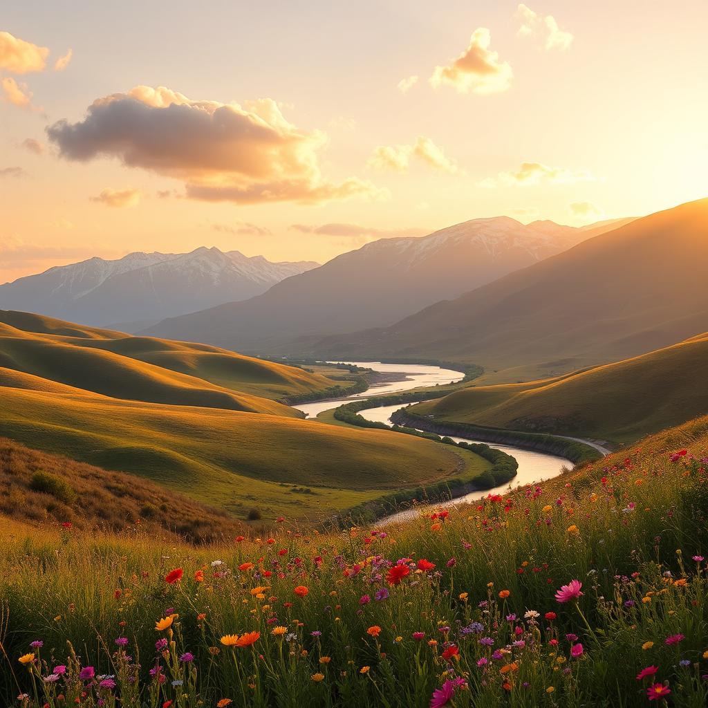 A serene landscape featuring rolling hills bathed in golden sunlight during the early morning