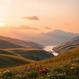 A serene landscape featuring rolling hills bathed in golden sunlight during the early morning