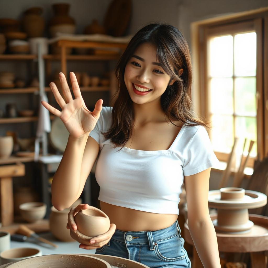 A beautiful and charming Korean woman wearing a white crop top and denim hot pants, playfully working on pottery with her hands covered in clay