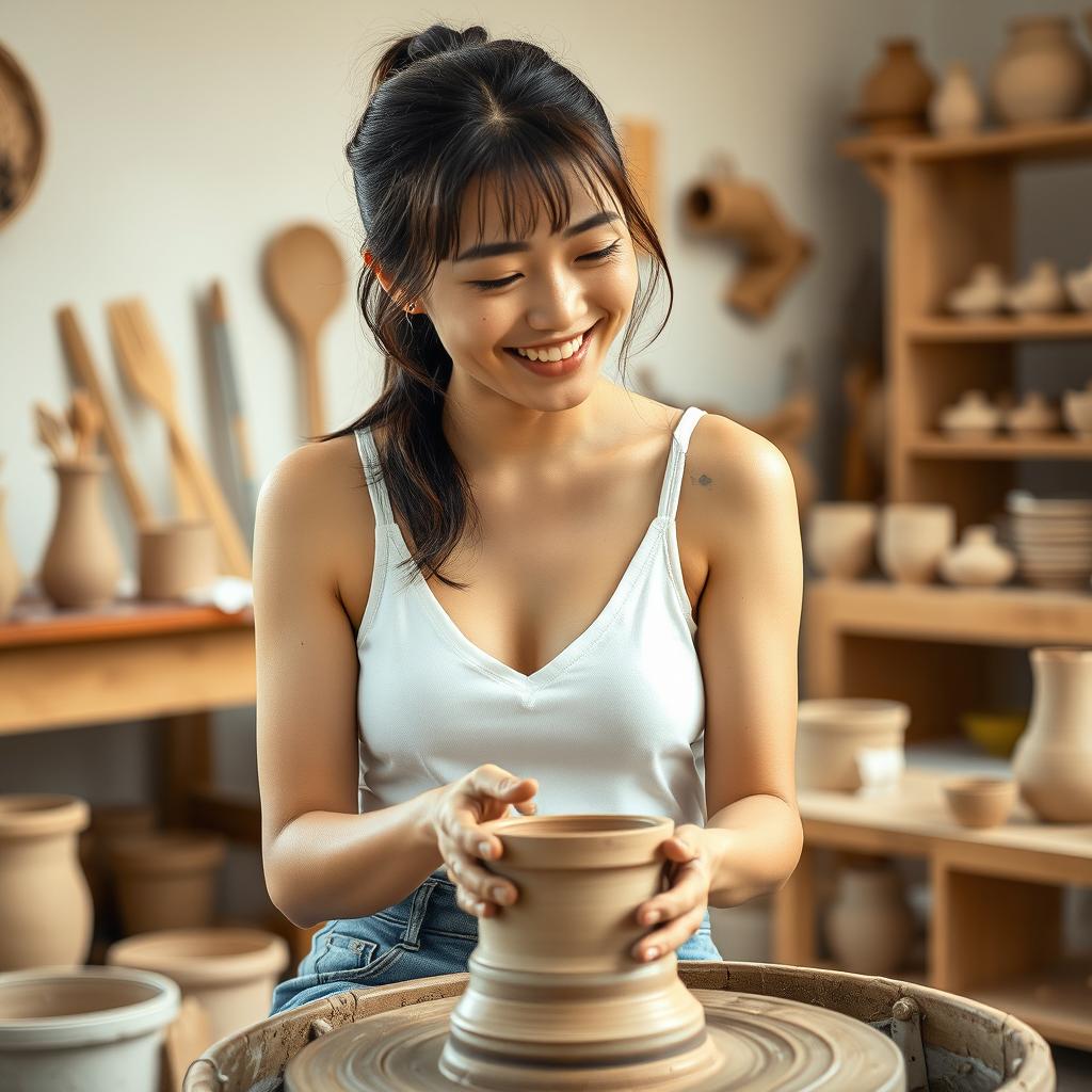 A beautiful and charming Korean woman wearing a white v-neck tank top and denim hot pants, immersed in the art of pottery