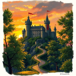 An intricately detailed medieval castle perched atop a rugged hill, bathed in the warm, golden glow of a sunset