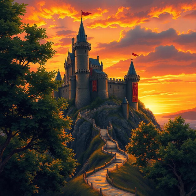 An intricately detailed medieval castle perched atop a rugged hill, bathed in the warm, golden glow of a sunset