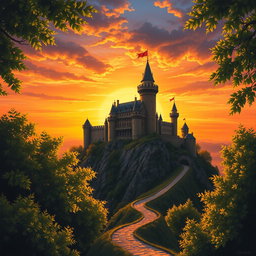 An intricately detailed medieval castle perched atop a rugged hill, bathed in the warm, golden glow of a sunset