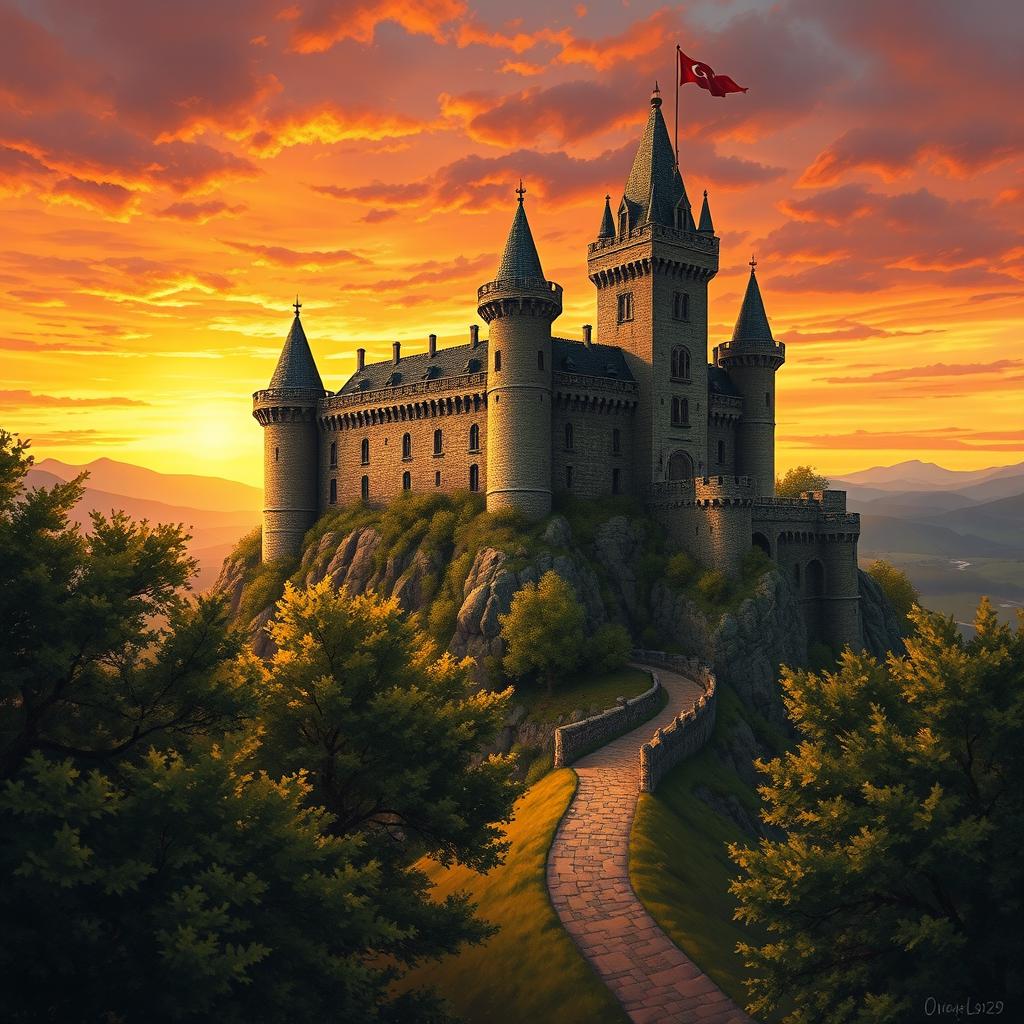 An intricately detailed medieval castle perched atop a rugged hill, bathed in the warm, golden glow of a sunset