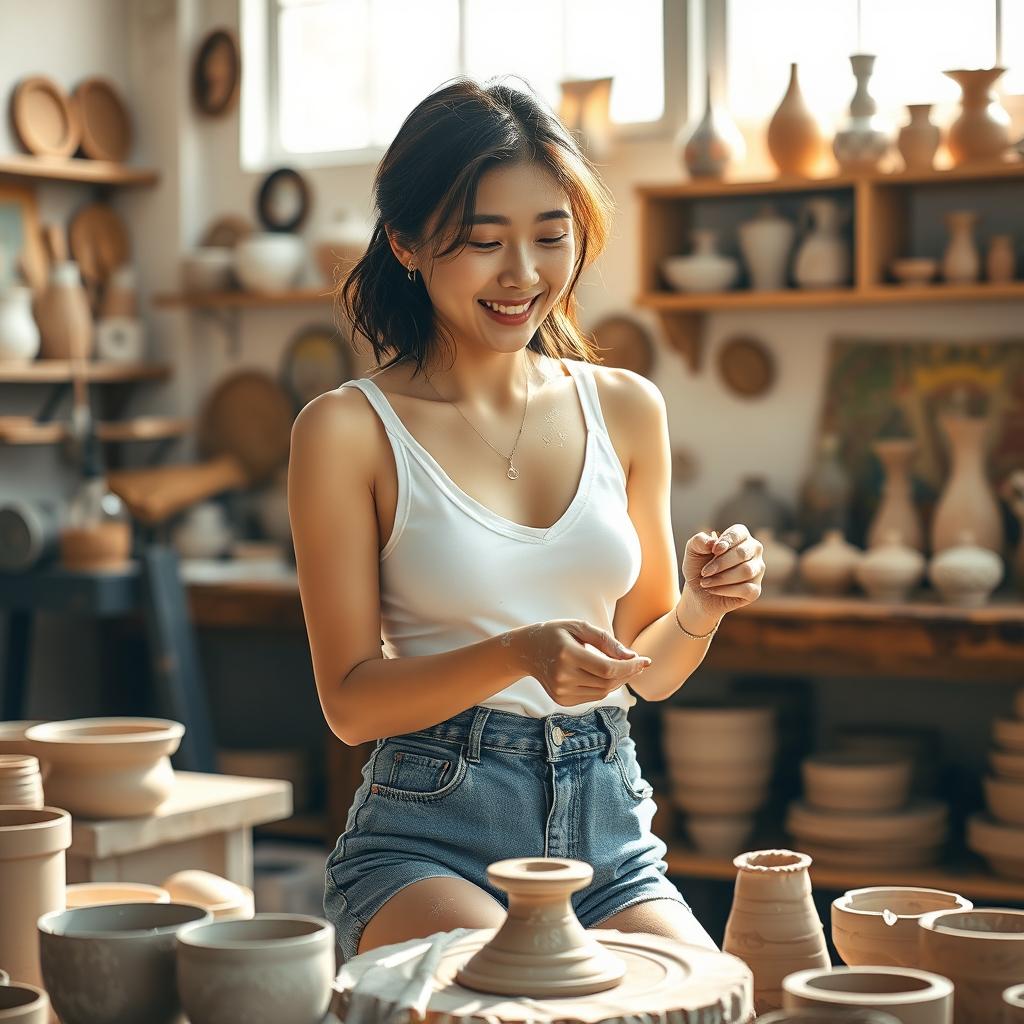 A beautiful and charming Korean woman wearing a white v-neck tank top and denim hot pants, deeply engaged in making pottery
