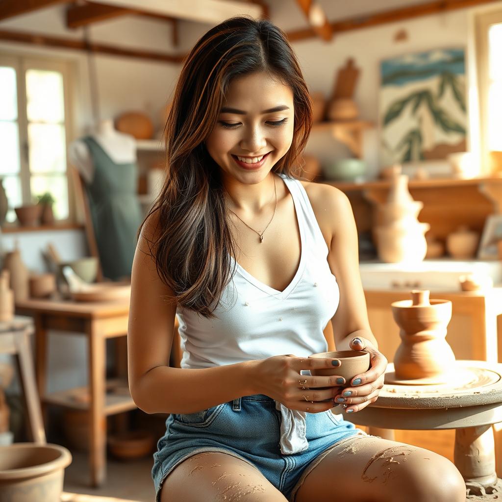 A beautiful and charming Korean woman with brown hair, wearing a white v-neck tank top and denim hot pants, is focused on her pottery work