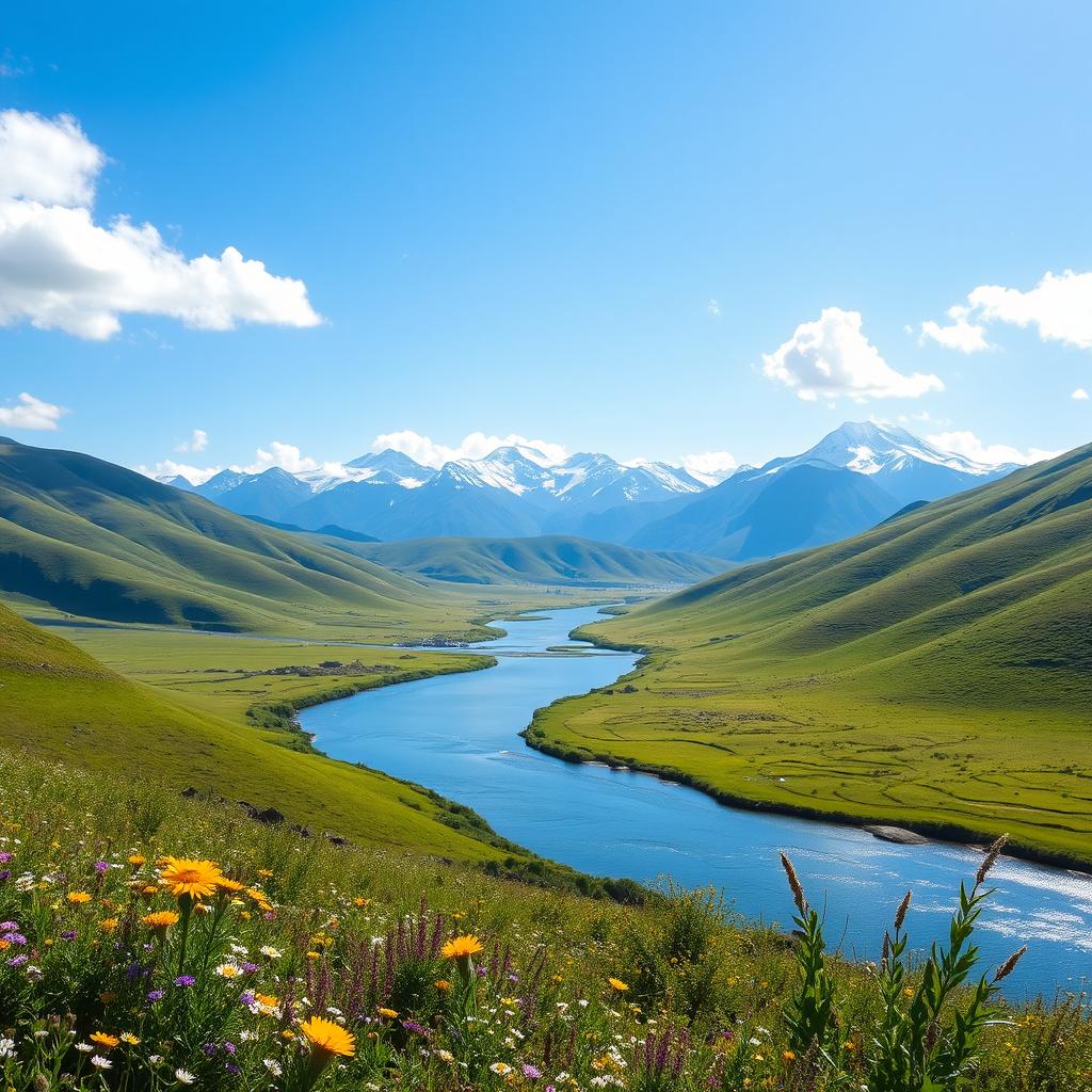 A serene landscape featuring rolling green hills under a clear blue sky, with a few fluffy white clouds scattered throughout