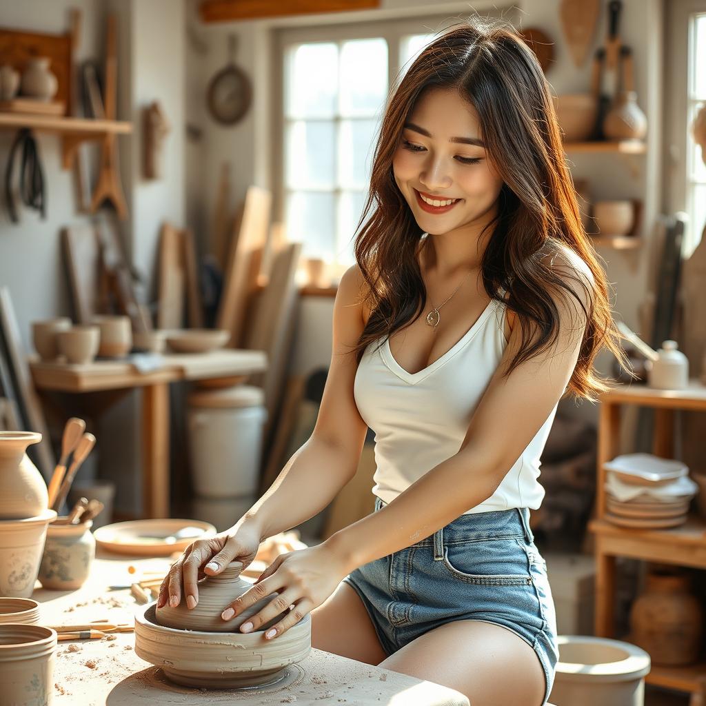 A beautiful and charming Korean woman with a fit body and brown hair, wearing a white v-neck tank top and denim hot pants, is diligently working on pottery