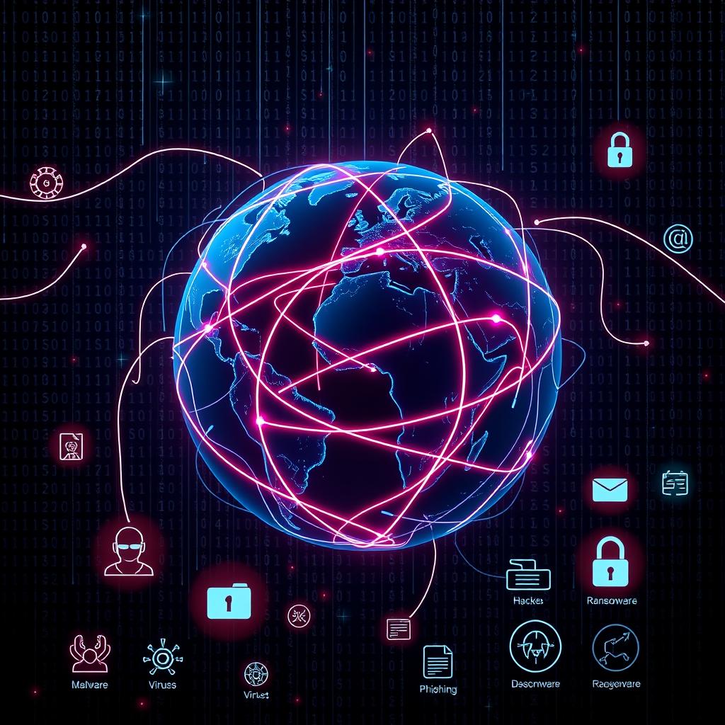 An artistic representation of digital threats in a conceptual design, featuring a glowing dark web with intertwined lines symbolizing hacking attempts and malware spreading across a stylized globe