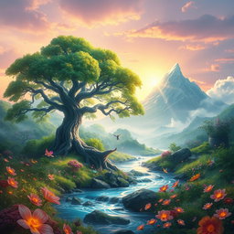 A vibrant fantasy landscape depicting a mystical realm named Arumi, where a river flows through lush greenery with exotic flowers sparkling under the sunlight