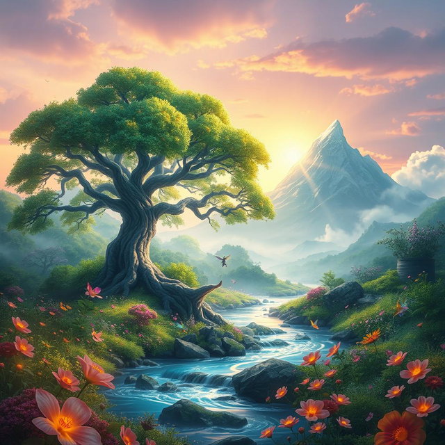 A vibrant fantasy landscape depicting a mystical realm named Arumi, where a river flows through lush greenery with exotic flowers sparkling under the sunlight