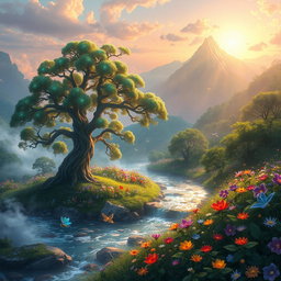 A vibrant fantasy landscape depicting a mystical realm named Arumi, where a river flows through lush greenery with exotic flowers sparkling under the sunlight