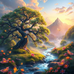 A vibrant fantasy landscape depicting a mystical realm named Arumi, where a river flows through lush greenery with exotic flowers sparkling under the sunlight