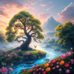 A vibrant fantasy landscape depicting a mystical realm named Arumi, where a river flows through lush greenery with exotic flowers sparkling under the sunlight