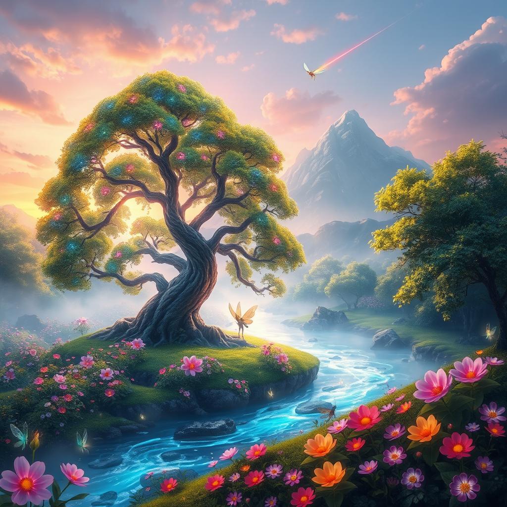 A vibrant fantasy landscape depicting a mystical realm named Arumi, where a river flows through lush greenery with exotic flowers sparkling under the sunlight