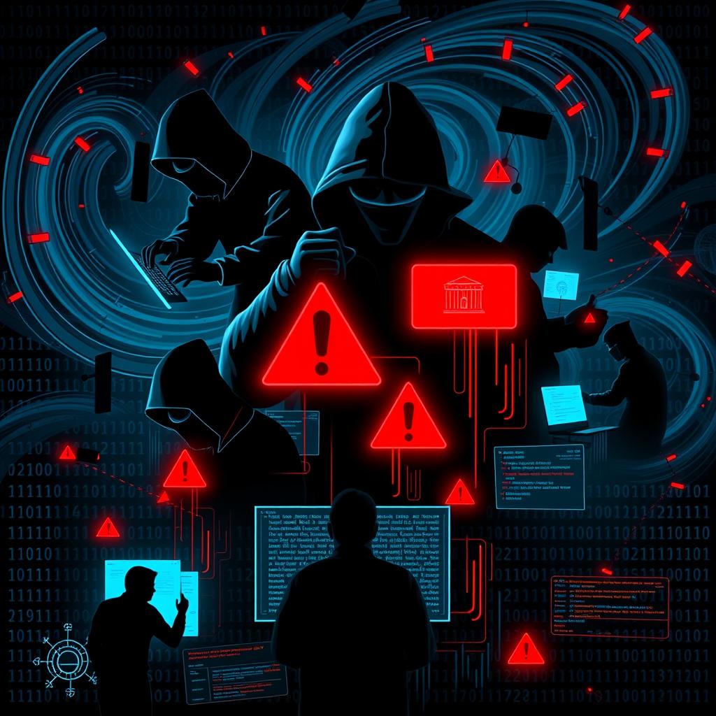 A visually striking image depicting various digital threats in a modern cyber landscape