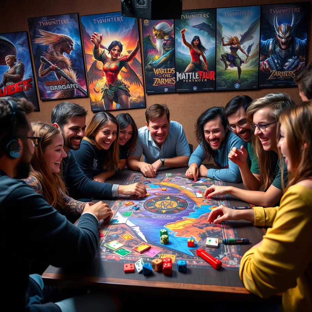 A vibrant and immersive gaming scene with a diverse group of players gathered around a table, excitedly engaging in a multiplayer board game