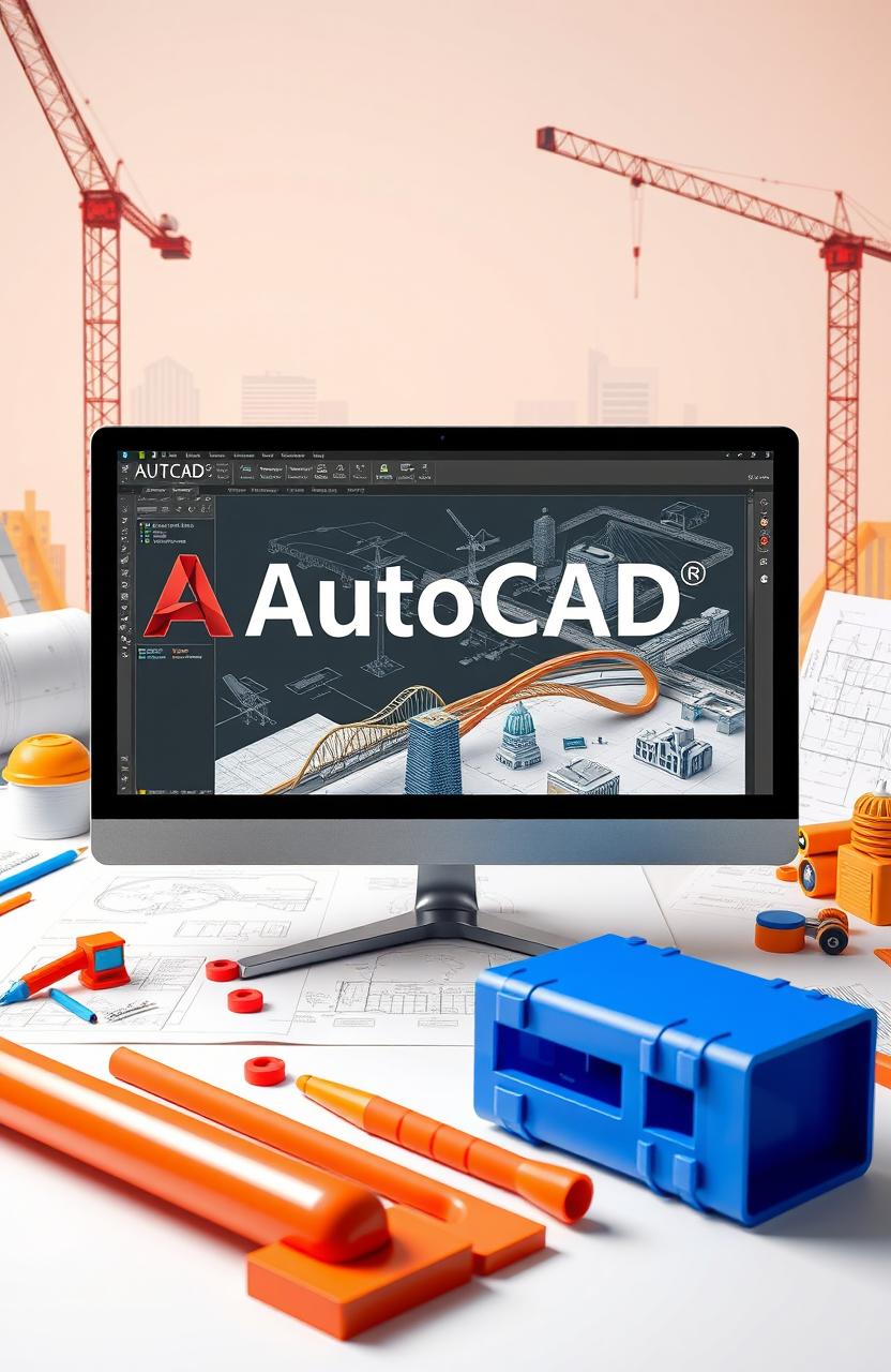 A sleek and modern visual representation of civil engineering software titled 'AutoCAD', featuring a visually striking logo designed with innovative typography