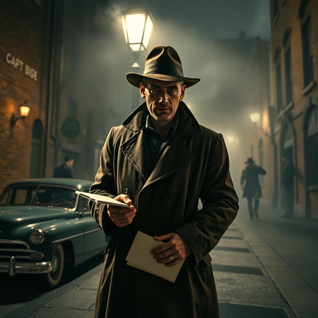 A noir-style detective scene set in a foggy, dimly lit street at night