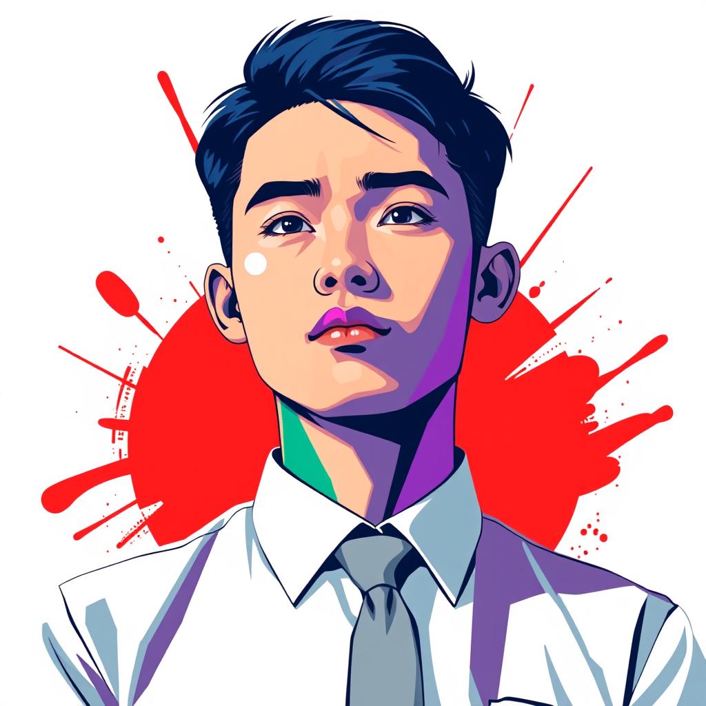 A WPAP (Wedha's Pop Art Portrait) illustration of a male student in a white uniform with a grey tie, symbolizing struggle, dreams, and determination