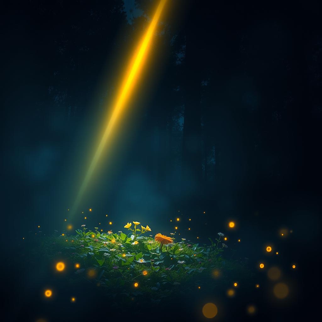 A serene scene depicting 'light in the darkness', showing a single, beautiful beam of golden light breaking through a dense forest at twilight