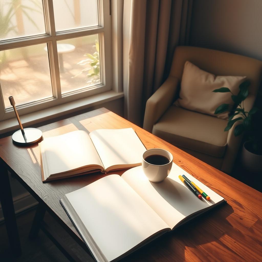 A serene study scene with soft sunlight streaming through a window, casting gentle rays onto a wooden study desk