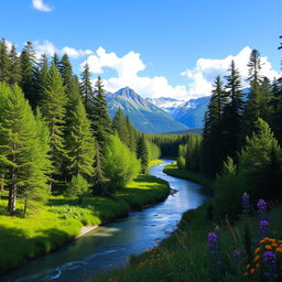 A serene and picturesque background featuring a lush green forest with tall trees basking in the warm sunlight