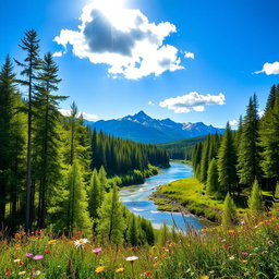 A serene and picturesque background featuring a lush green forest with tall trees basking in the warm sunlight