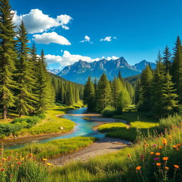 A serene and picturesque background featuring a lush green forest with tall trees basking in the warm sunlight