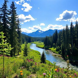 A serene and picturesque background featuring a lush green forest with tall trees basking in the warm sunlight