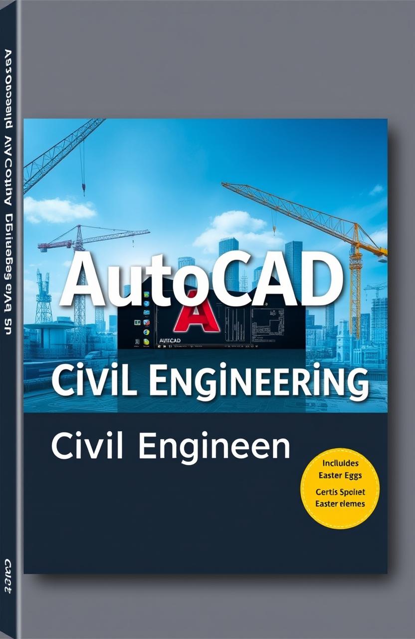 A book cover design featuring a modern and sleek representation of Civil Engineering, prominently showcasing the AutoCAD software interface