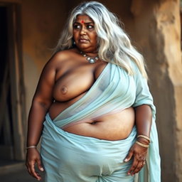 A voluptuous 50-year-old dusky Indian housewife with a curvy body and large chest, showcasing her ample wide hips and thick thighs, with a sagging belly