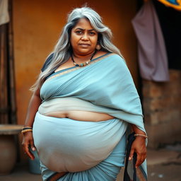 A voluptuous 50-year-old dusky Indian housewife with a curvy body and large chest, showcasing her ample wide hips and thick thighs, with a sagging belly