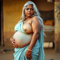 A voluptuous 50-year-old dusky Indian housewife with a curvy body and large chest, showcasing her ample wide hips and thick thighs, with a sagging belly