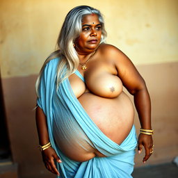 A voluptuous 50-year-old dusky Indian housewife with a curvy body and large chest, showcasing her ample wide hips and thick thighs, with a sagging belly
