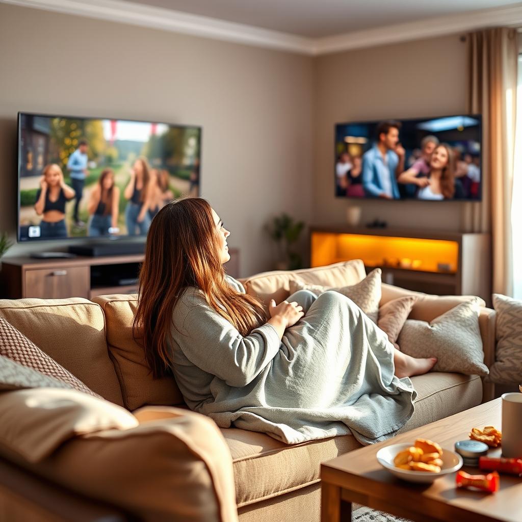 A relaxed American woman sitting comfortably on a cozy couch, engrossed in watching TV
