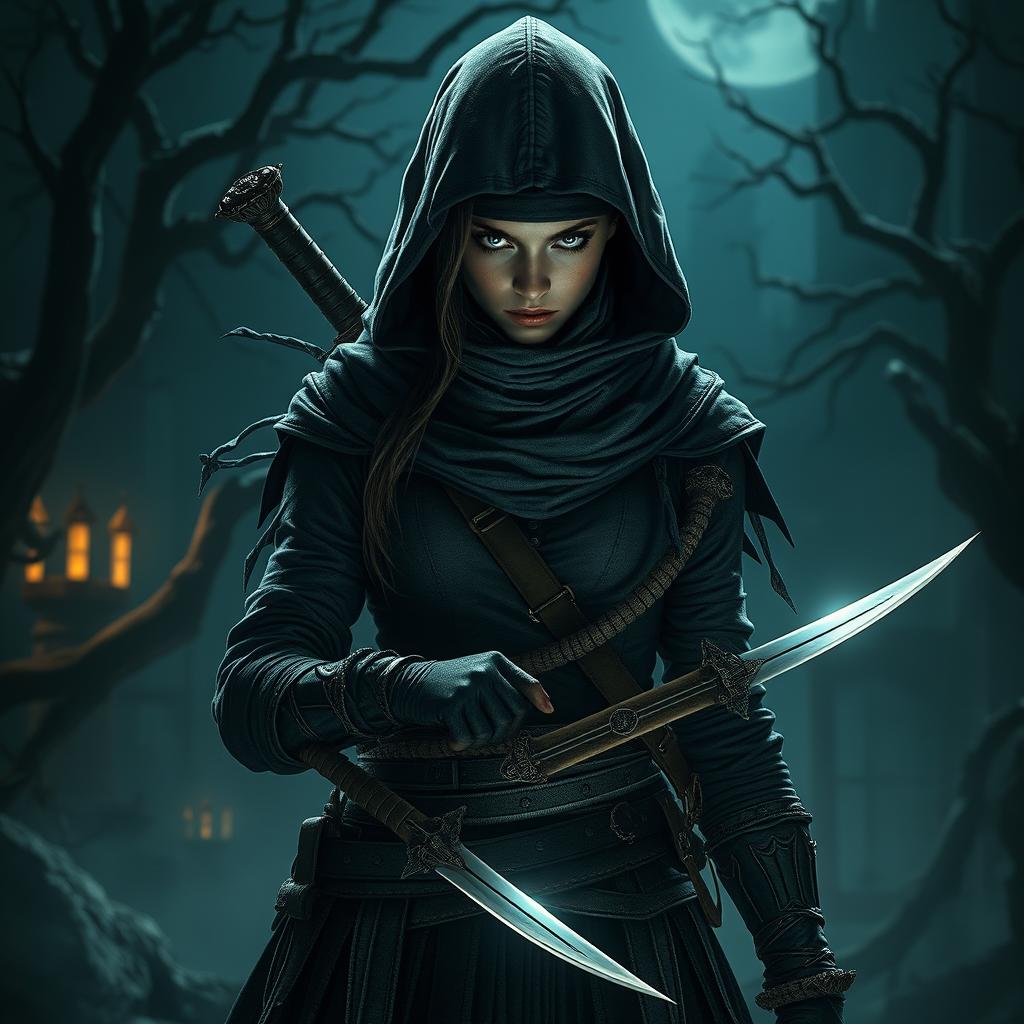 A fierce female ninja hunter inspired by Bloodborne, shrouded in intricate bandages that wrap around her agile frame