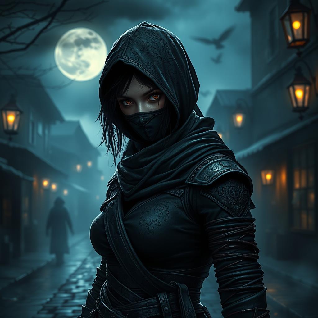 A female ninja hunter inspired by Bloodborne, dressed in dark, tattered clothing with intricate designs reminiscent of the game's gothic aesthetic