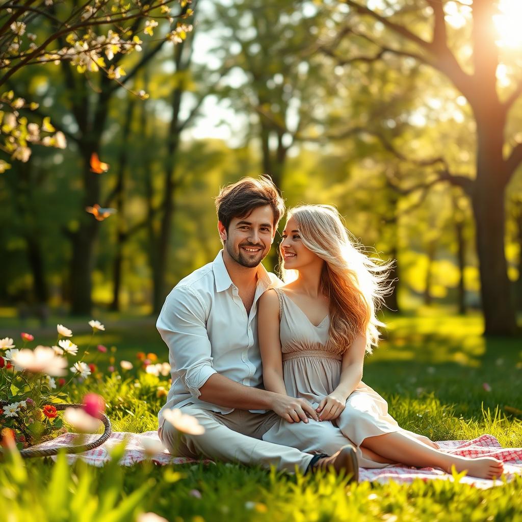 A romantic scene in a lush, vibrant park during springtime
