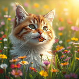 A realistic depiction of a butterfly perched delicately on the nose of a cat, set in a lush, vibrant field filled with colorful wildflowers and green grass