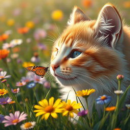 A realistic depiction of a butterfly perched delicately on the nose of a cat, set in a lush, vibrant field filled with colorful wildflowers and green grass
